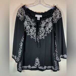Lauren Michelle Black White Silver Stitched Embroidered Split 3/4 Sleeve‎ M 0581